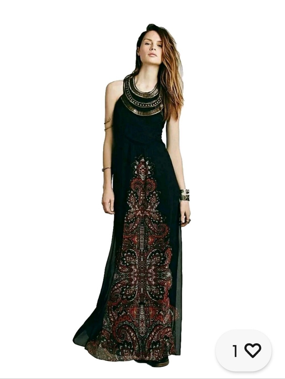 Free People Embellished Boho Maxi Dress Beaded Collar Paisley Open Back Goddess